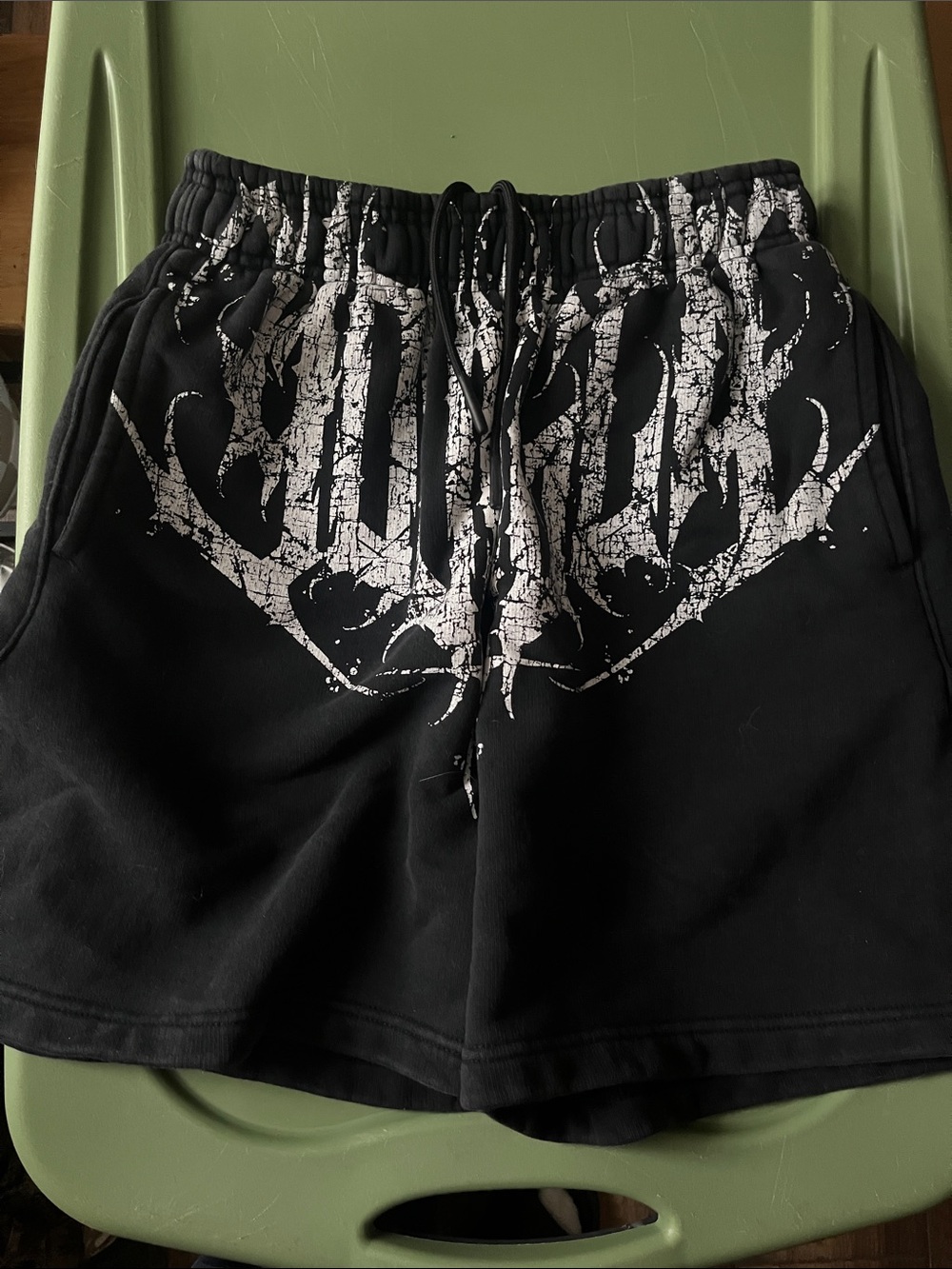 YoungLA Black Athletic Shorts with White Distressed Graphic